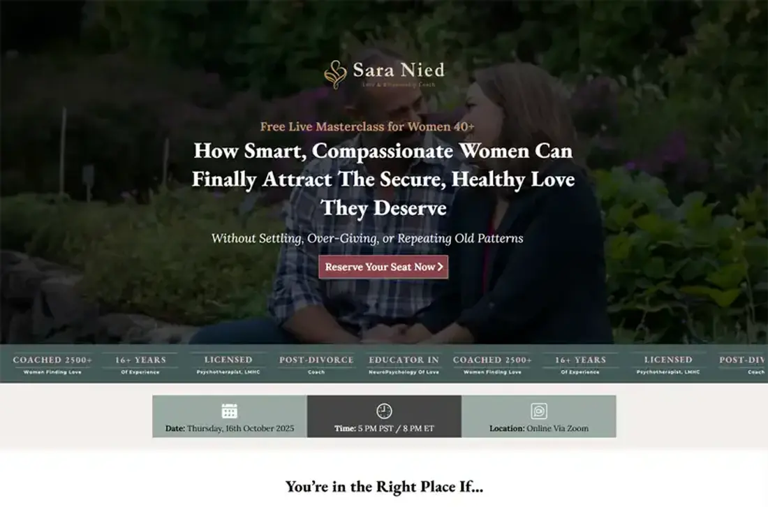 Webinar registration page for Sara Nied Coaching, the copy written and built as one path