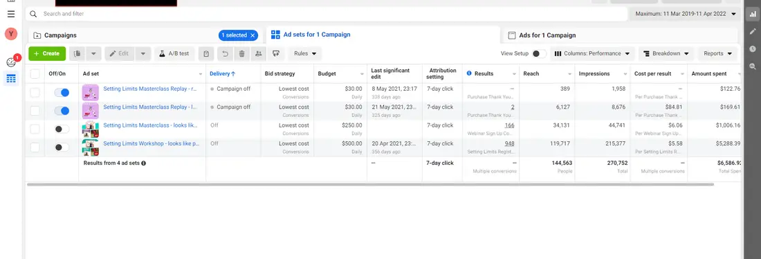 Meta Ads Manager campaign results for the Your Parenting Mojo Setting Limits course