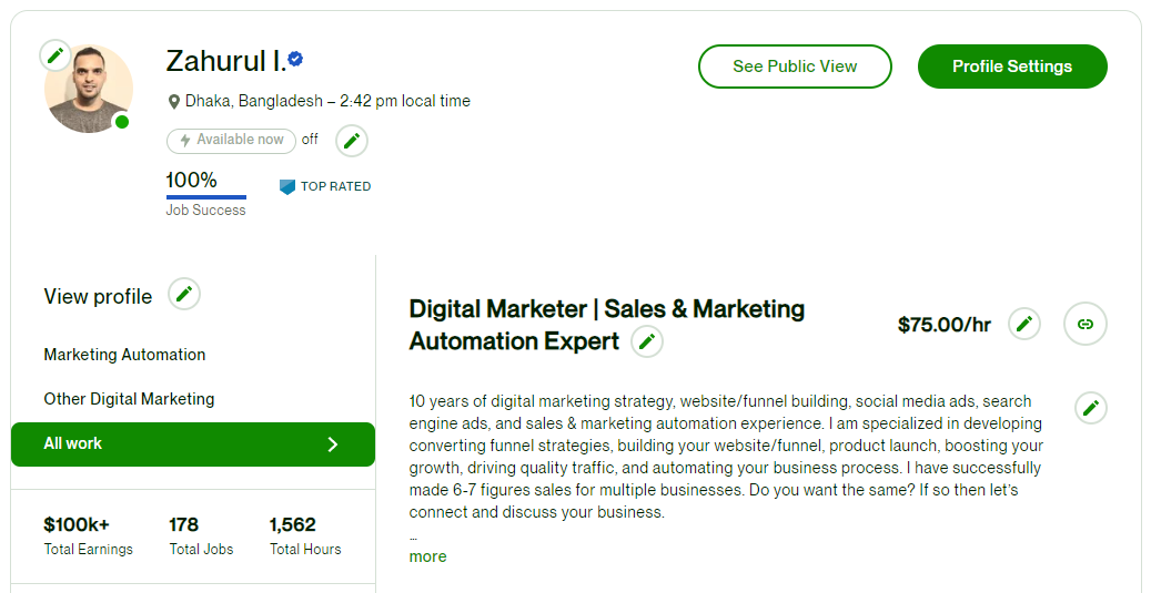 Upwork profile: 178 jobs, 1,562 hours, 100% Job Success Score, Top Rated